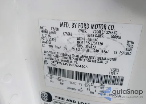 2009 Ford F-150 Fx4/King Ranch/Lariat/Platinum/Xl/Xlt from USA, damaged, VIN 1FTPW14V19FA24505